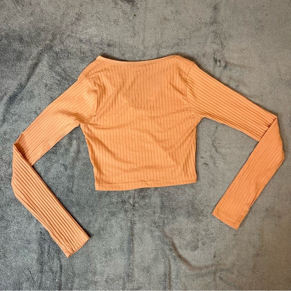 Missguided Pink Coral Ribbed V-neck Long Sleeves Crop Top Coquette Size 6 - Picture 4 of 5